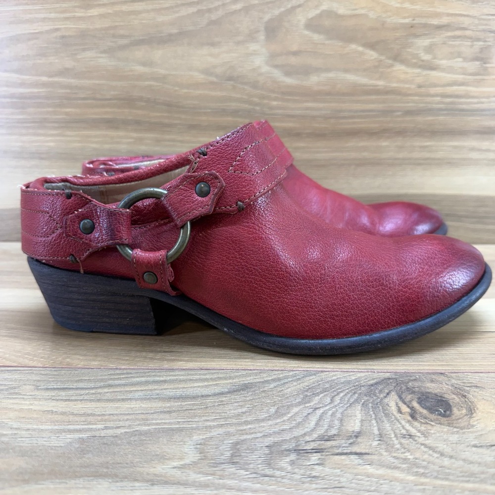 FRYE Harness Mule Bootie Clog Womens 7.5 B Red Leather Boho Biker Moto Slip On